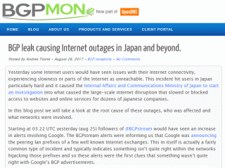 BGP leak causing Internet outages in Japan and beyond.