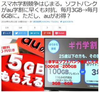スマホ学割競争はじまる。ソフトバンクがau学割に早くも対抗、毎月3GB→毎月6GBに。ただし、auがお得?