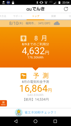 8月9日までのご利用分、4,632円/176.30kWh