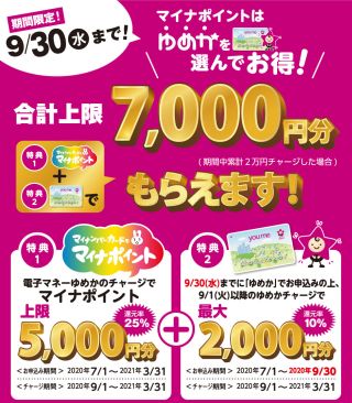 電子マネーゆめかを選ぶと、さらに10%(最大2,000円分)のチャージをプレゼント